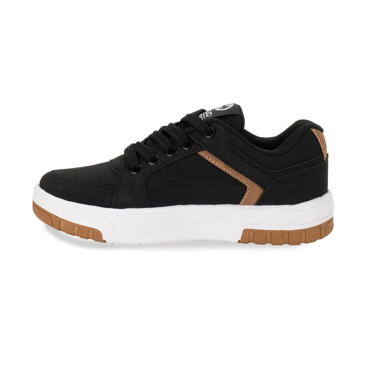 Vista lateral do tênis infantil Ollie Volt 2 preto com detalhes em marrom e sola branca